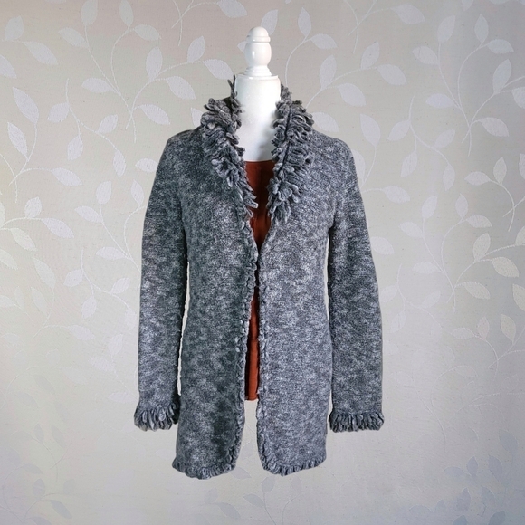 Nine West Cozy Wool Blend Loop Knit Hook Front Longline Cardigan Marled Gray Med - Picture 2 of 16
